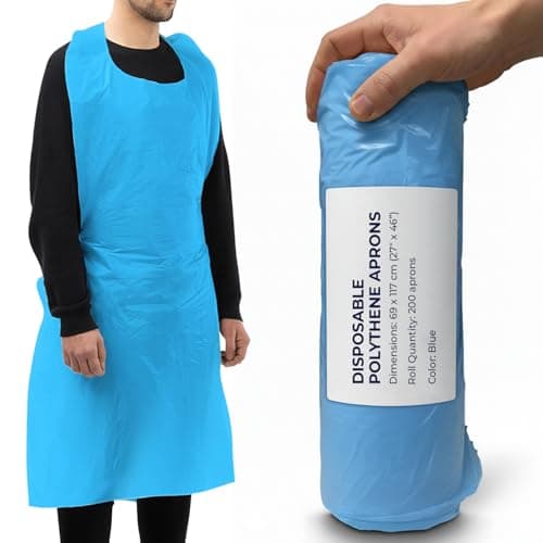 Image of Disposable Aprons Multipurpose Strong Waterproof Plastic Aprons Blue Roll Pack of 200 in Bulk Roll Pack Sizes Ideal for Catering, Cooking, Clinics, Hospitality & Workplace Protection.