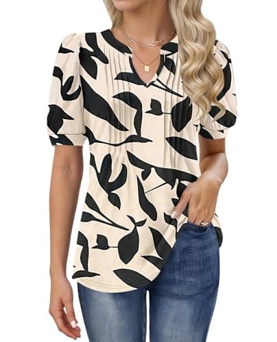 Image of MOLERANI T Shirts for Women - V Neck Tops Loose Casual Puff Short Sleeve T-Shirt Front Pleated Blouse Apricot Black Leaf 3XL