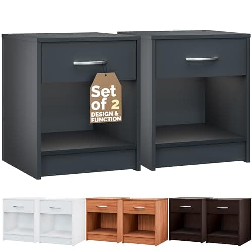 Image of CASARIA® 2x Hamburg Bedside Table | Modern Nightstand with Drawer and Open Shelf | 50cm Height Nightstand Storage | 50x40x35cm | Chrome Handle | Bedroom Cabinet | Anthracite