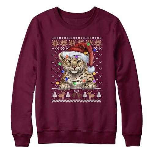 Image of Purple Print House Leopard Christmas Kids Sweatshirt School Xmas Jumper Day Boy Girl Sweater Santa, 7-8 Years, Burgundy