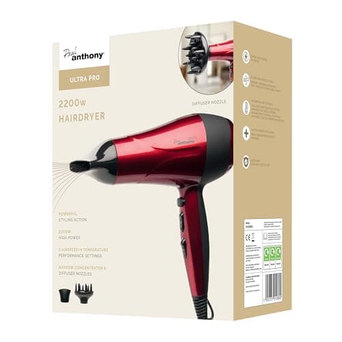 Image of Paul Anthony Ultra Pro 2200W Hair Dryer / 3 Heat Settings / 2 Speed Settings/Cool Shot/Concentrator Nozzle/Diffuser/Hang Up Loop/Safety Cut-Off - Hot Red - H1520RD