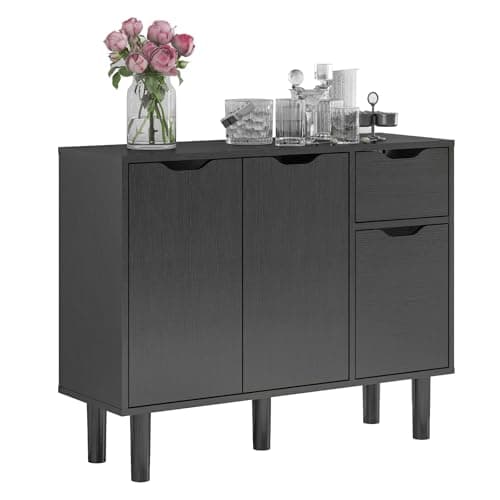Image of Panana Wooden Sideboard Living Room Office File Cabinet with 2 Doors 2 Drawers Legs 30Dx90Wx71H cm (Black)