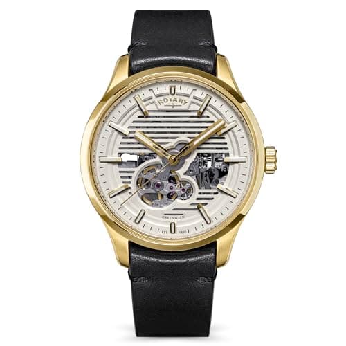 Image of Rotary Men's Greenwich Skeleton Automatic 100M Water Resistance Gold Plated Stainless Steel Brown Leather Strap Watch