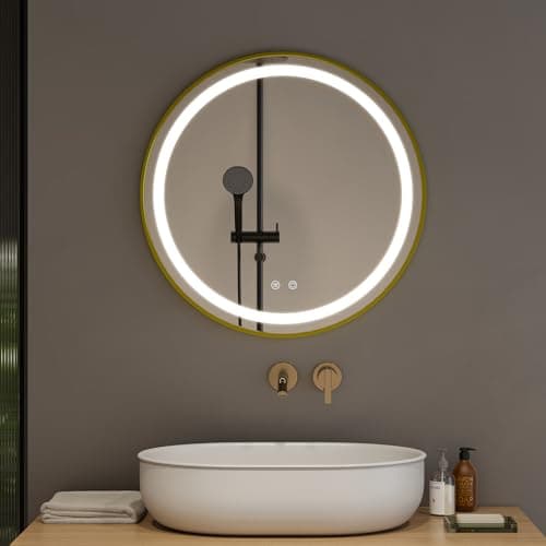 Image of Warmiehomy Round Bathroom Mirror with Lights,50cm LED Illuminated Bathroom Mirror with Dimmable Light Demister Pad Touch Switch,Gold