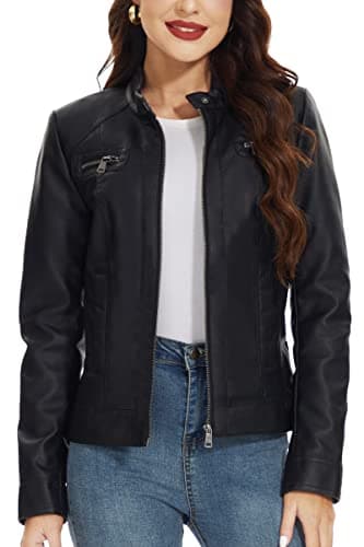 Image of Fahsyee Women's Faux Leather Jackets, Zip Up Motorcycle Short PU Moto Biker Outwear Fitted Slim Coat Size M Black