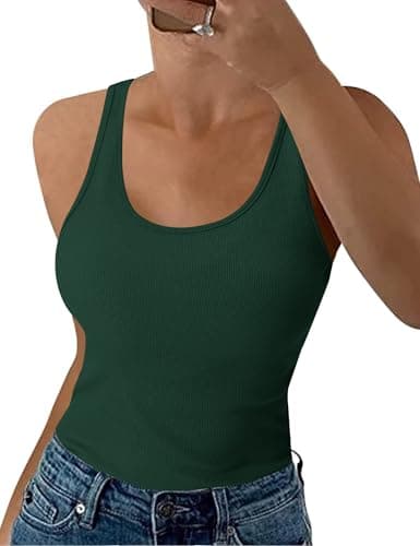 Image of Aottori Dark Green Tank Tops Women Summer Ribbed Vest Top Ladies Sleeveless Cotton Slim Fitted Stretch Basic Cami Camisole Dark Green S