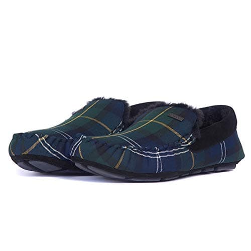 Image of Barbour Mens Monty Winter Warm Faux Fur Moccasin Slippers - Seaweed Tartan - 12