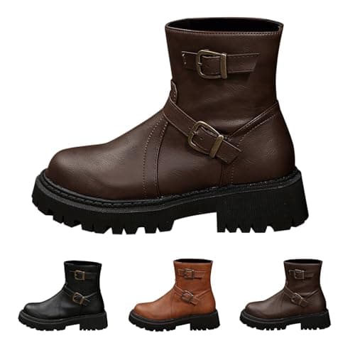 Image of Momolaa UK Size 6.5 Women's Motorcycle Booties Buckles Zipper Fashion Ankle Boots Round Toe Leather Platform Lug Sole Low Chunky Heel Combat Boots Fall Winter Boot Coffee