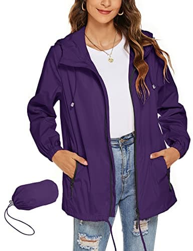 Image of Rapbin Waterproof Jackets Women Jackets Lightweight Thin Trench Coat Rain Jacket Packable Hooded Raincoat Windbreaker(Purple,S)