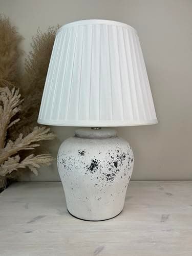Image of DOWNTON INTERIORS White Stone Effect Distressed Ceramic Table Lamp (G2124) (White Pleated Shade)