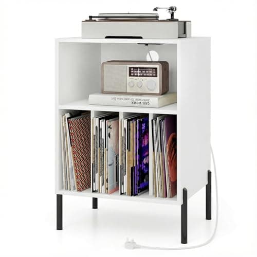 Image of COSTWAY Record Player Stand with Charging Station, Turntable Stand End Side Table with 5 Shelves for 150 Albums, Metal Legs Vinyl Record Storage Cabinet Holder for Living Room Bedroom (White)