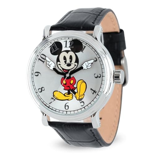 Image of Disney Mickey Mouse Adult Vintage Articulating Hands Analog Quartz Watch, Black Leather, Quartz Watch