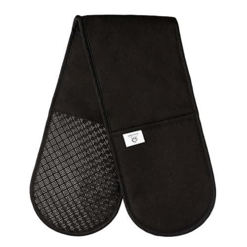 Image of Black Double Oven Gloves Heat Resistant Silicone Oven Mitts Pair | Non-Slip Silicone Oven Gloves Double Oven Mitt | Machine Washable Thick Potholders Home & Kitchen Accessories.