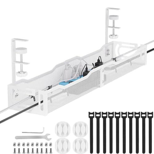 Image of Tivddikun Cable Management, 25''/64CM Long Under Desk Cable Management No Drill, Metal Cable Tidy with Clamp for Standing Desk, Cable Organiser for Home Office, White