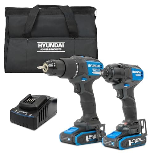 Image of Hyundai 20V Cordless Drill Set, 60Nm Hammer Drill and 230Nm Impact Driver, Brushless Kit with 2X 2.0Ah Batteries, 2A Charger