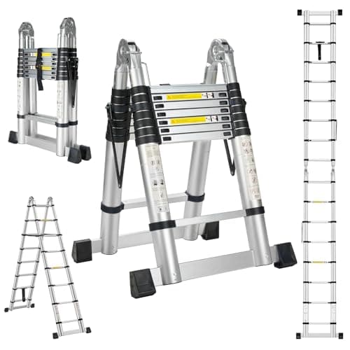 Image of STANEW 5 M (2.5+2.5) Multi-Purpose Aluminium Telescopic Ladder with Big Joint, A-Frame Extension Ladder, Folding Ladder, Straight Ladder for Indoor and Outdoor Use, 150 KG Load Capacity, Silver