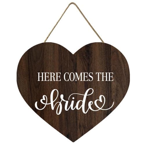 Image of Here Comes The Bride Wedding Sign for Ring Bearer, Bride Entrance Sign, Flower Girl Bridal Party Wedding Decor Stuff Engagement Decorations 15x10.5 Inch Heart Wooden Wall Hanging