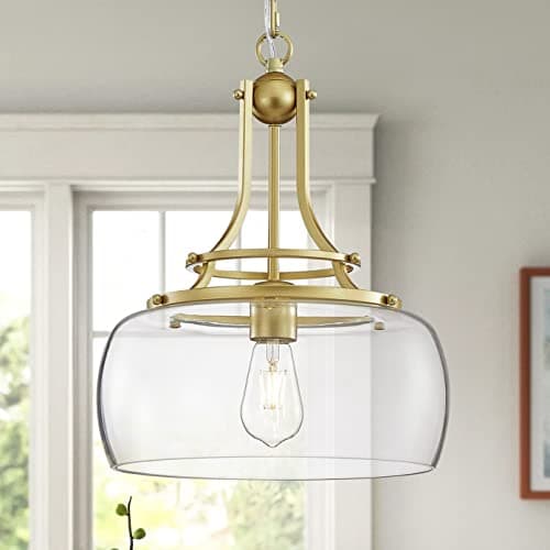 Image of WUZUPS Chandelier Rustic Farmhouse Industrial Round Ceiling Pendant LED Light Fixture with Clear Glass Shades for Dining Room Kitchen Island Foyer Entryway, H 43 x W 34, E27 Base, Gold