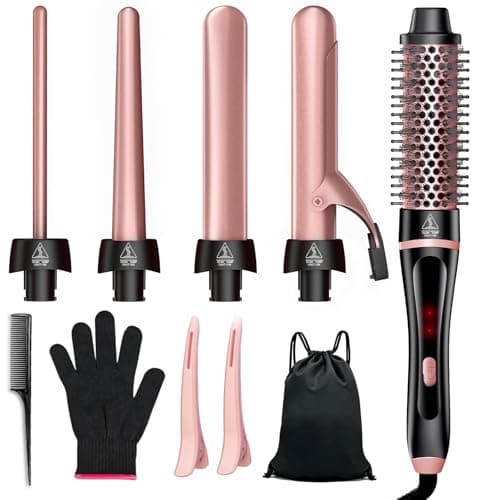 Image of 5 in 1 Curling Iron, Hair Curling Wand Set with Thermal Brush and 4 Interchangeable Ceramic Curling Wands (0.35'' -1.25'') Fast Heat Up Dual Voltage Hair Curler for Women All Hair Types and Travel Use