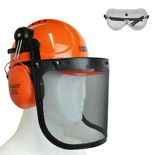 Image of RocwooD Chainsaw Helmet Forestry Safety Hat Ear Defenders Metal Visor Protective Gear Arborist Mask Mesh PPE Orange Wood Shield Garden Chain Hard Hat Replacement Free Goggles