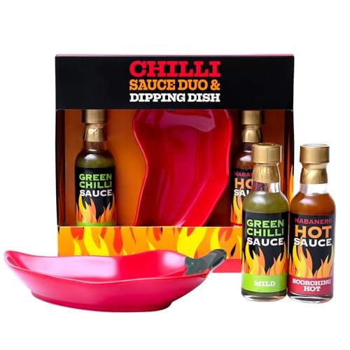 Image of Hot Sauce Gift Set - Chilli Sauce Selection, 1 x Mild Green Chilli, 1 x Scorching Hot Habanero, 45 ml & Dipping Dish - Spicy Challenge, Food Gifts for Men, Boyfriend, Unique Foodie Gifts, Fathers Day