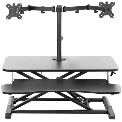 Image of VIVO Height Adjustable 81 cm Standing Desk Converter with Dual 13 to 30 inch Monitor Stand, Sit Stand Monitor Mount and Desk Riser, Black, DESK-V000K-M2