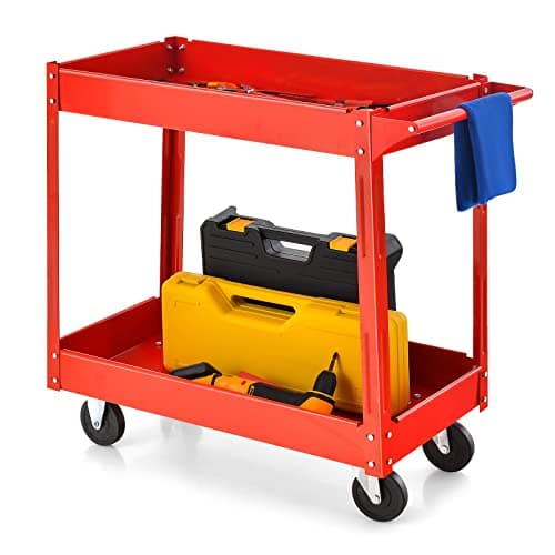 Image of COSTWAY 2 Tier Rolling Trolley Cart, Mobile Utility Storage Organiser Shelves with Wheels and Handle, Multi-Purpose Serving Cart for Garage Workshop Transport (Red, 85 x 41 x 79cm)