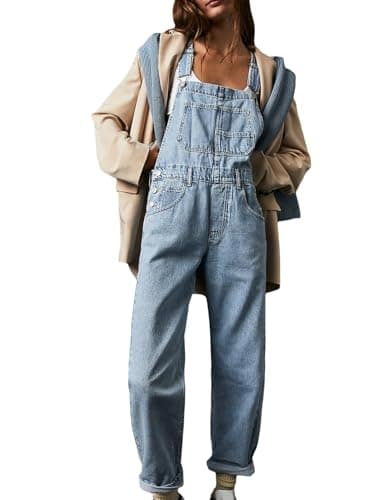 Image of Sukany Women's Casual Denim Jean Overalls Loose Adjustable Straps Baggy Dungarees Bib Romper Jumpsuit Harem Pants Light Blue L