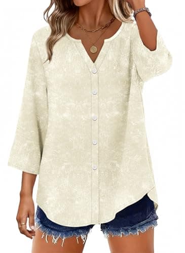 Image of Aokosor Womens 3/4 Sleeve Tops Ladies Blouses V Neck Tunic Button Shirts Curved Hem Apricot Tie Dye Size 10-12