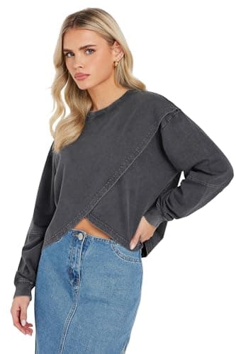 Image of PixieGirl Petite Grey Acid Wash Cross Over Cotton Sweatshirt Petite