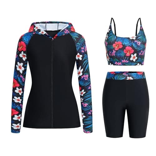 Image of Owntop Womens 3-Piece Rash Guard | UPF50+ Swimsuits Hooded UV Shirt | Long Sleeve Zipper Rashguard Shirts & Bikini Top & High Waist Boyshorts | Swimming Surfing Modest Swimwear | Green M