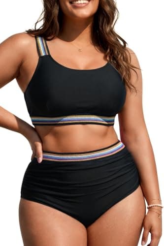 Image of Daci Women Two Piece Plus Size Bikini - High Waisted Swimsuits Tummy Control Bathing Suits Swimwear 2025, Black, 18 Plus