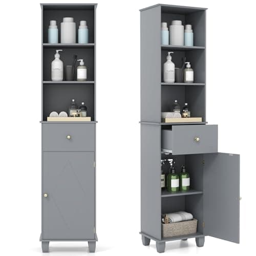 Image of COSTWAY Bathroom Tall Cabinet, 172cm High Slim Bathroom Storage Unit with Drawer, Door and Open/Adjustable Shelves, Wooden Freestanding Narrow Floor Cupboard for Living Room Kitchen (Grey)