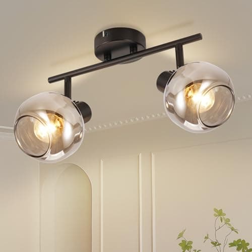 Image of CBJKTX Black Ceiling Spotlight with 2 Flames - 350° Swivel Ceiling Spots Smoke Grey E14 Glass Ceiling Spotlight Vintage Hallway Lamp for Hallway Kitchen Living Room
