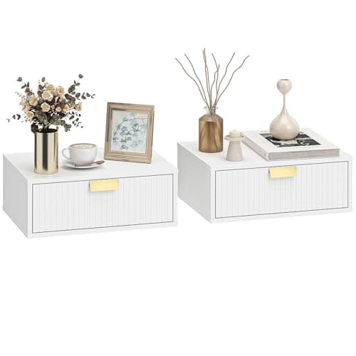 Image of HOMCOM Modern Floating Nightstands Set of 2, Wall Mounted Bedside Tables with Fluted Drawer for Bedroom and Living Room, 40W x 30D x 15H cm, White