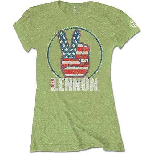 Image of John Lennon Women's Peace Fingers US Flag Regular Fit Crew Neck Short Sleeve T - Shirt, Green (Kiwi Kiwi), 14 (Manufacturer Size:X-Large)