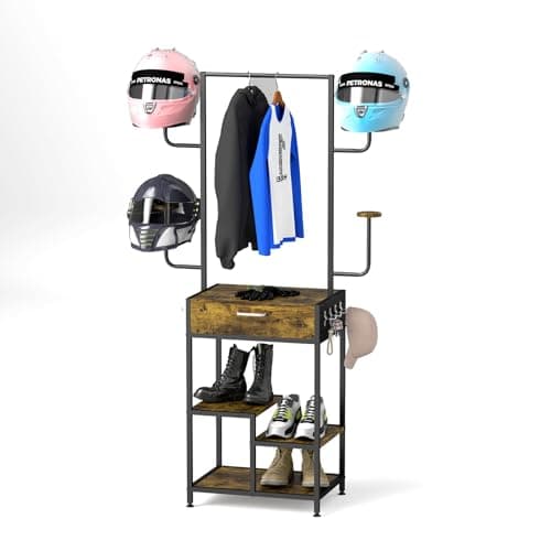 Image of tonchean Motorcycle Helmet Stand with Drawer, Wooden Metal Motorbike Helmet Holder Rack, Multifunctional Free Standing Clothing Stand