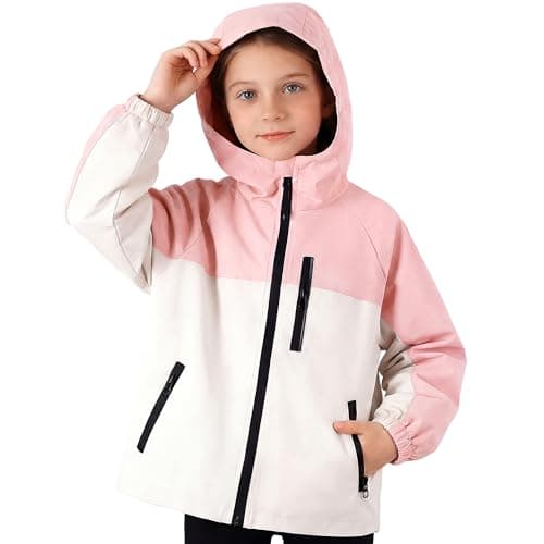 Image of Hoseay Kids Jacket Waterproof Windproof Raincoats with Reflective Strips and Zipped Pockets Lightweight Hooded Windbreaker Girls Functional Outerwear School for Age 9-10, Pink White