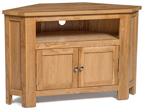 Image of Hallowood Furniture Waverly Oak Corner TV Unit with Cable Hole & Storage Cupboard, 2-Door Solid Wooden Light Oak TV Stand Cabinet with Adjustable Shelf, Corner Unit for Living Room or Bedroom