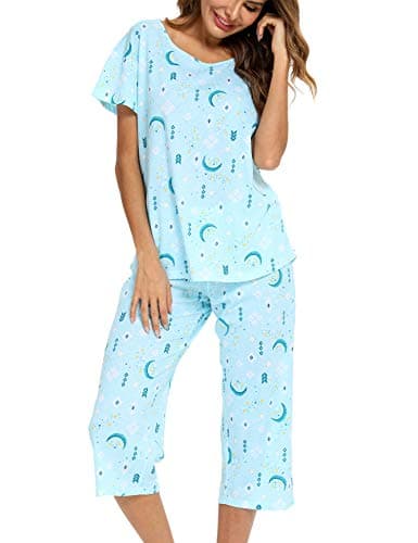 Image of ENJOYNIGHT Women's Pyjama Sets Cotton Pjs Set Short Sleeve Tops with Capri Pants Nightwear Loungewear (3X-Large,Light Blue Moon)