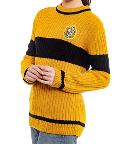 Image of Harry Potter Hufflepuff Quidditch Jumper: Hogwarts House Hufflepuff Quidditch Uniform Replica Rib Stitch Knitted Crew Neck Jumper for Men and Women (XS) Yellow, Black