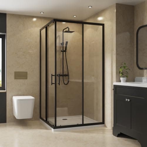 Image of NRG 900 x 900mm Bathroom Square Corner Entry Shower Enclosure with Double Sliding Doors 6mm Safety Glass Black Framed