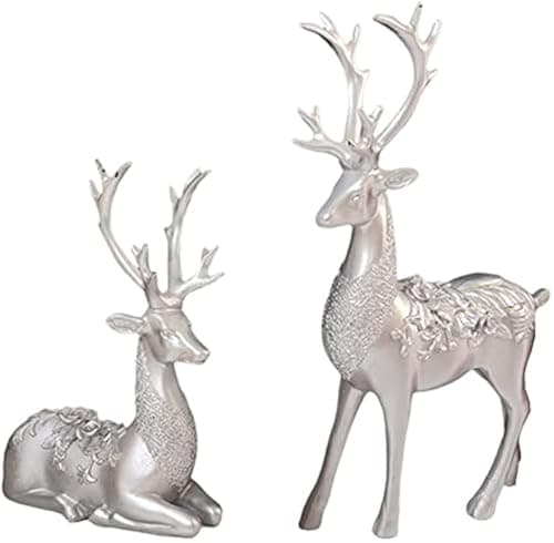 Image of 2-Pack Reindeer Figurines Christmas Decorations Reindeer Statue Resin Sitting Standing Deer Ornament for Xmas Home Office Décor - Silver