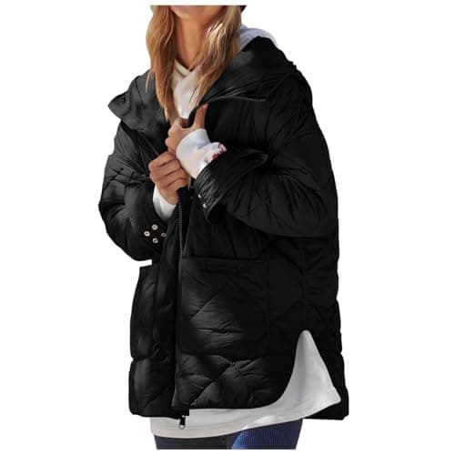 Image of NSICBMNO Black Quilted Jacket Womens Long Coat Zip Up Hoodie Lightweight Puffer Jackets Winter Coat Ladies Padded Jackets Hooded Down Jacket Oversized Hoodie Outdoor Windbreaker With Pockets