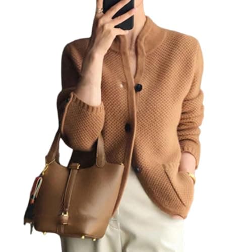 Image of Nbzsmlkn Women's Knitted Cardigan Jacket with Button,Women's Casual Long Sleeve Button Down Cardigan Sweater Knit Outwear,Stand Neck Loose Knit Sweater Jacket (Camel,M)