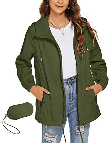 Image of Rapbin Waterproof Raincoat Women Jackets Hooded Thin Packable Rain Jacket Outdoor Active Cycling Running Jacket(Army Green,M)