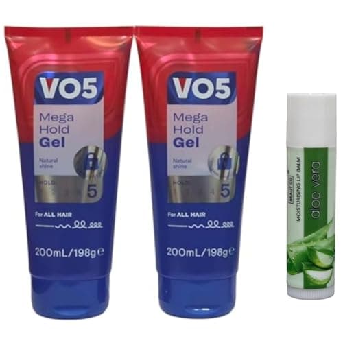 Image of VO5 Mega Hold Gel 200ML Extra Hold Styling Gel gives you Extra Strong Control Perfectly Groomed 24HR Twin Pack With Free Aloe Vera Lip Balm