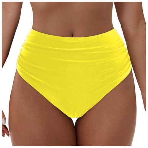 Image of Women's Bikini Bottoms High Waisted Solid Ruched TummyControl Swim Briefs Bottom Swimming Briefs Bathing Suit Shorts Quick Drying Swimwear Swimsuit Beach Swim Trunks Underwear for Women UK (Yellow, M)