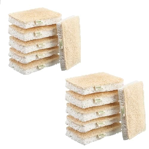 Image of Cooks Professional Set of 12 Eco Scourer Sponges | Biodegradable & Compostable Multipurpose Cleaning Sponge for Kitchen, Bathroom, Household | 100% Natural Cellulose & Loofah | Plastic Free |