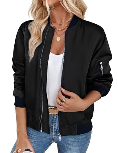Image of Zeagoo Pilot Jacket Womens Casual Windproof Zip Jacket Long Sleeve Lightweight Transition Jackets Classic College Jackets Multi-Pocket Black M